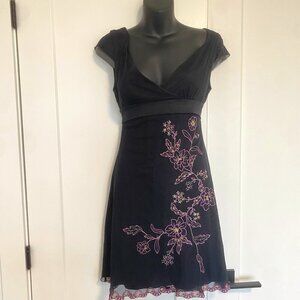 Bay 90s Y2K Black Floral Embroidery Mesh Open Back Short Dress Size 10